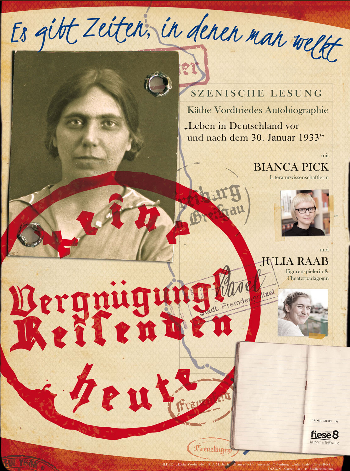 Plakat der szenischen Lesung 'Es gibt Zeiten, in denen man welkt' von Figurenspielerin Julia Raab & Literaturwissenschaftlerin Bianca Pick über die gleichnamige Autobiographie von Käthe Vordtriede.