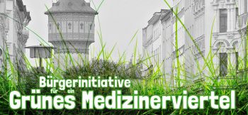 Banner der Bürgerinitiative für ein Grünes Medizinerviertel in Halle (Saale), mit dem Wasserturm Nord im Hintergrund
