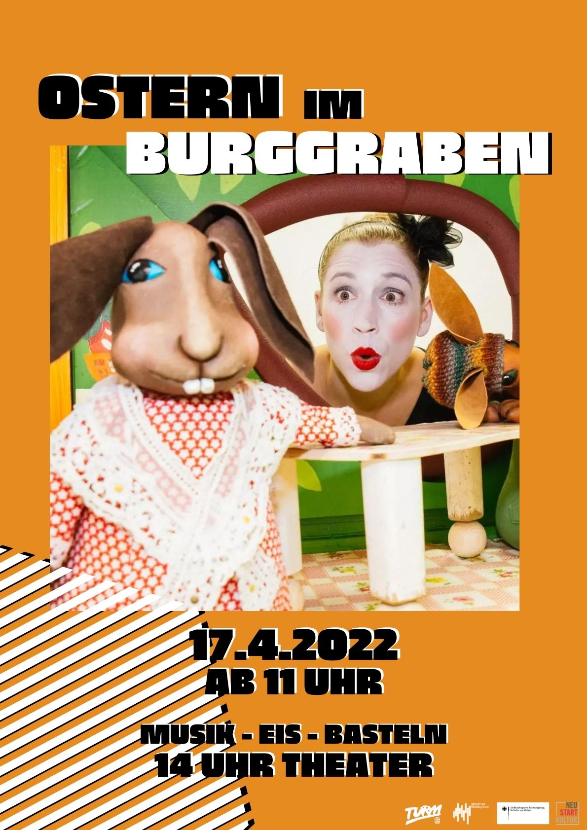 Ankündigung "Ostern im Burggraben" in Halle (Saale) am 17.04.2022 mit Figurenspielerin Julia Raab und der Produktion "Der Sängerkrieg der Heidehasen"